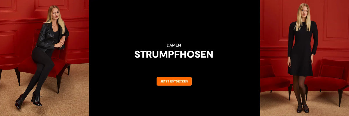 Zwei Frauen in schwarzen Strumpfhosen posieren vor rotem Sessel auf beigem Teppich, mittig Text 'DAMEN STRUMPFHOSEN' mit orangefarbenem Button 'JETZT ENTDECKEN'