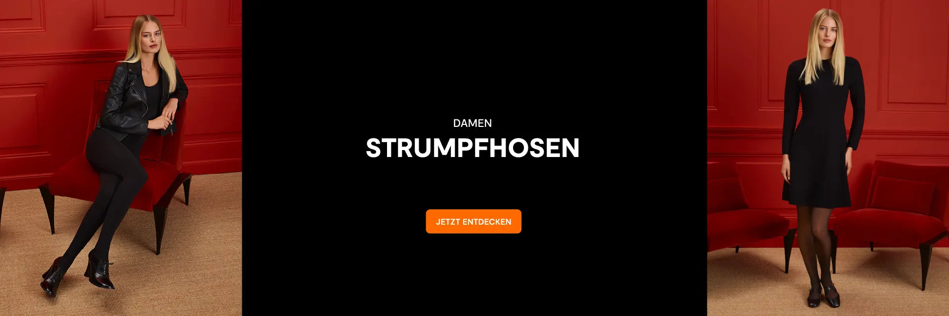 Zwei Frauen in schwarzen Strumpfhosen posieren vor rotem Sessel auf beigem Teppich, mittig Text 'DAMEN STRUMPFHOSEN' mit orangefarbenem Button 'JETZT ENTDECKEN'