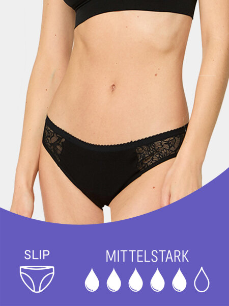 NUR DIE Periodenunterwäsche Slip mit Spitze - ALLES GEREGELT mittelstark - schwarz - Größe 48-50