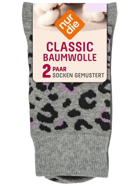 NUR DIE Damen Socken Classic Baumwolle gemustert - 2er Pack - hellgrau flieder animal - Größe 35-38