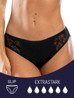 NUR DIE Periodenunterwäsche Slip mit Spitze - ALLES GEREGELT extrastark - schwarze Spitze - Größe 32-34
